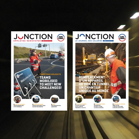 EUROTUNNEL : Le nom du journal interne a été imaginé pour être compréhensible en français et en anglais et la marque s'appuie sur la décomposition de l'emblème du logo d'Eurotunnel - Agence Linéal